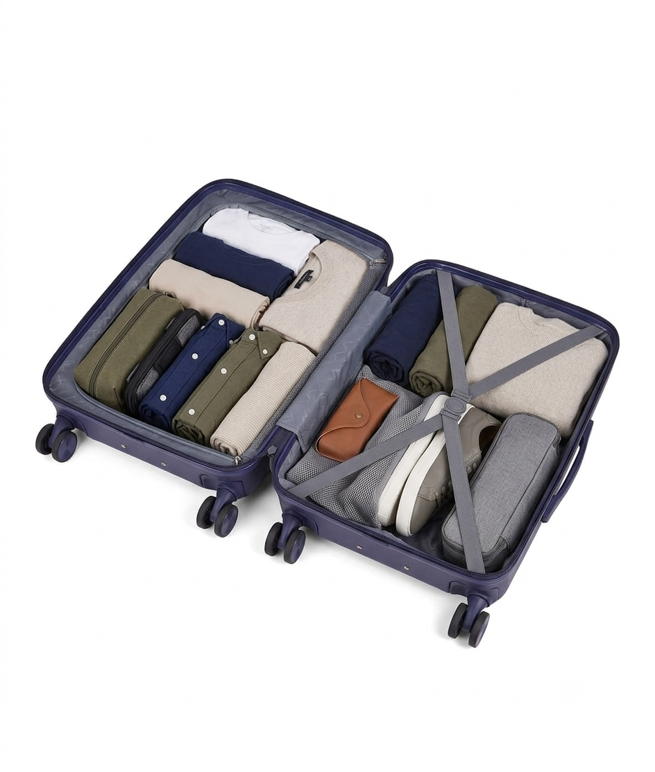 Sigma suitcase packed neatly with folded clothes, shoes and travel accessories